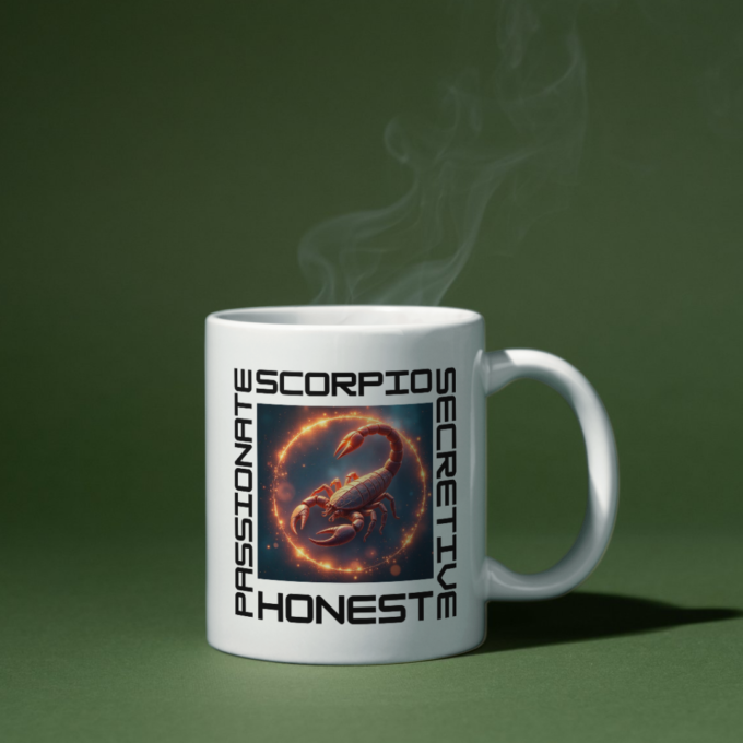 "Scorpio Traits Mug with bold, dramatic design."