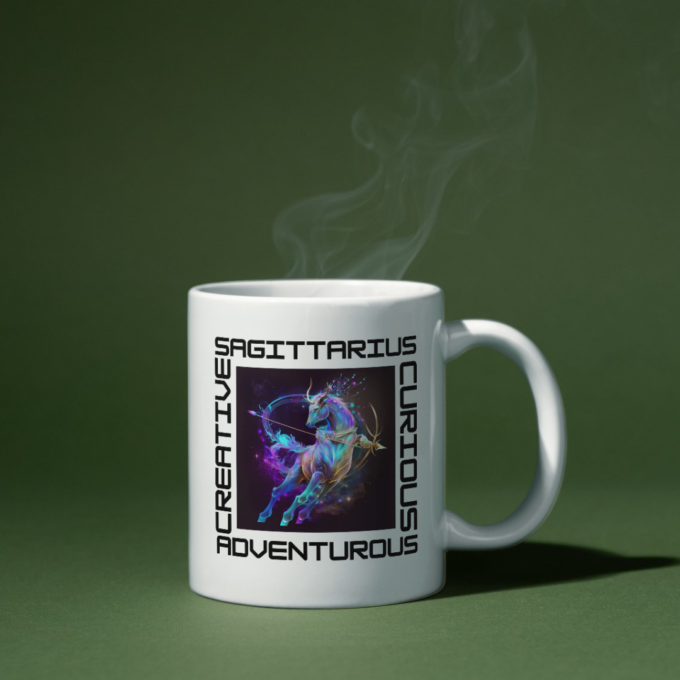 "Sagittarius Traits Mug with adventurous, vibrant design."