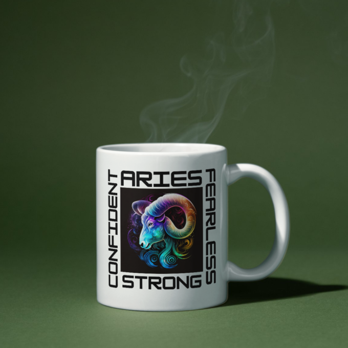 "Aries Traits Mug with confident, bold design."