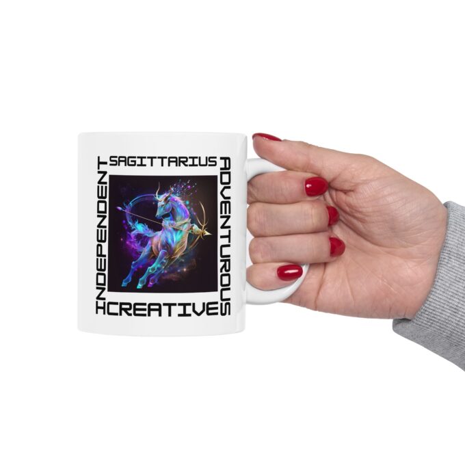 "Sagittarius Traits Mug with adventurous, vibrant design."