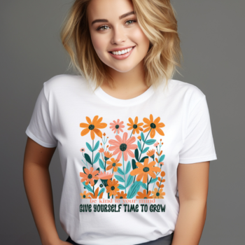 Be Kind to Your Mind Give Yourself Time to Grow Boho Flower Graphic Tee with soft floral design