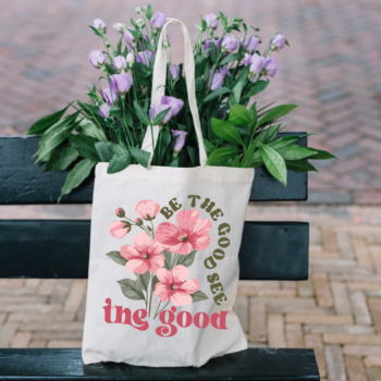 A beautifully designed Be the Good See the Good Boho Flower Tote Bag featuring floral patterns on sturdy canvas fabric.