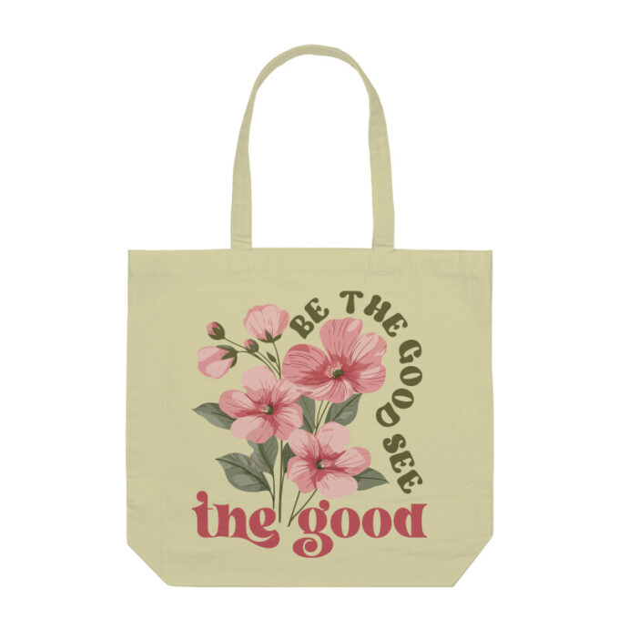 A beautifully designed Be the Good See the Good Boho Flower Tote Bag featuring floral patterns on sturdy canvas fabric.