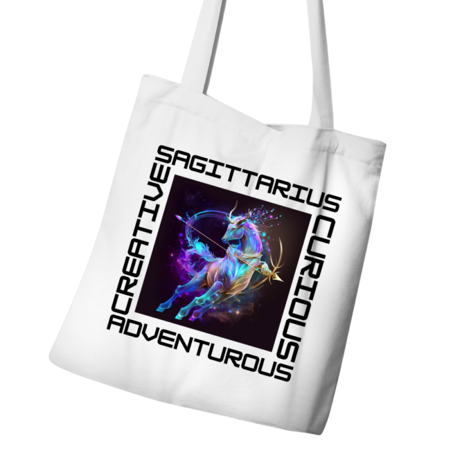 Sagittarius tote bag with bold, travel-themed elements.