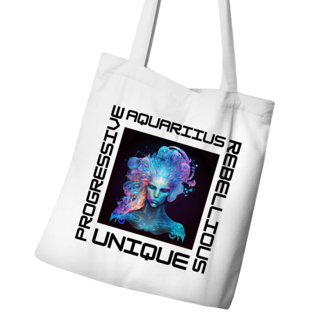 Aquarius tote bag with bold, visionary elements and futuristic colors.