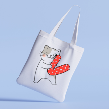 Tote bag featuring a playful cat and love letter.