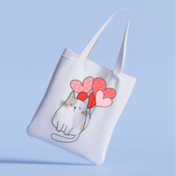 Tote bag featuring a happy cat with love balloons.