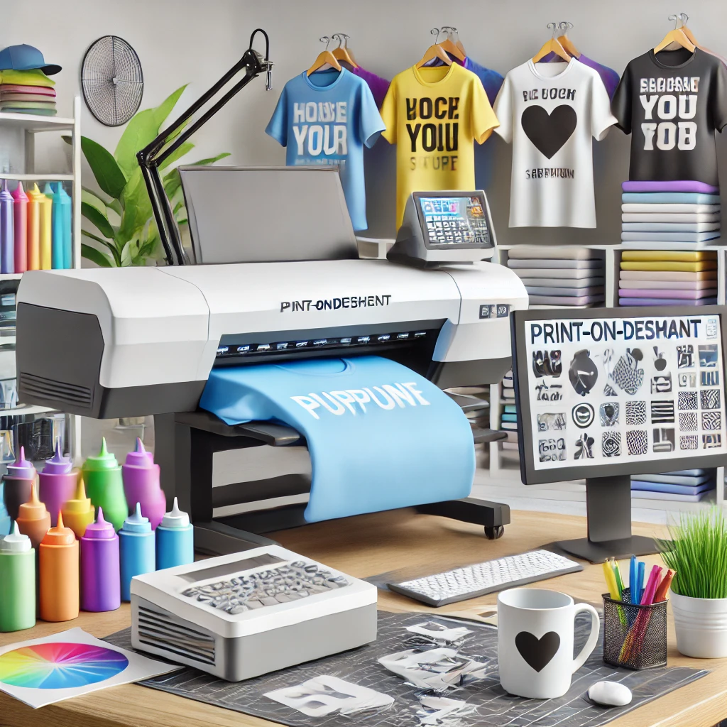 A modern print-on-demand setup featuring custom-designed apparel and accessories being printed on demand