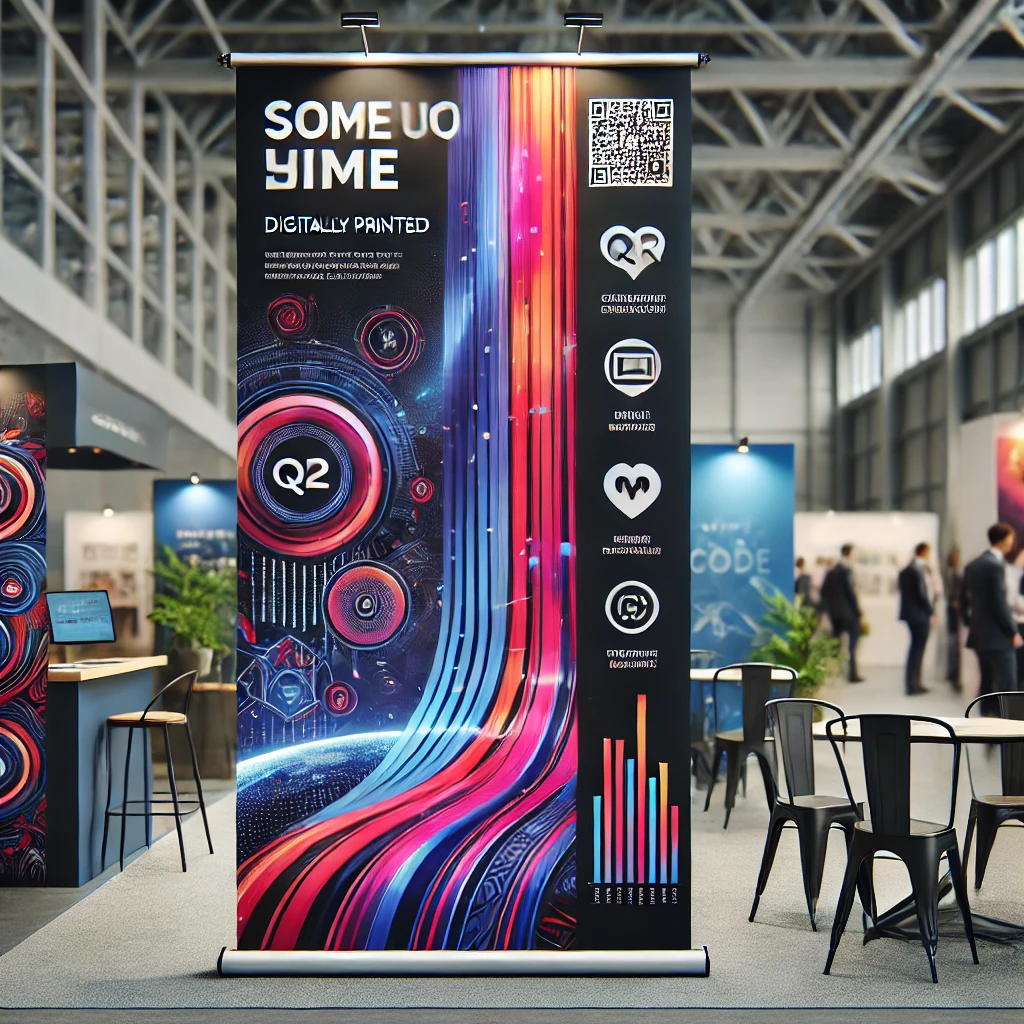 A vibrant, digitally printed event banner with QR codes and personalized branding at a corporate expo.