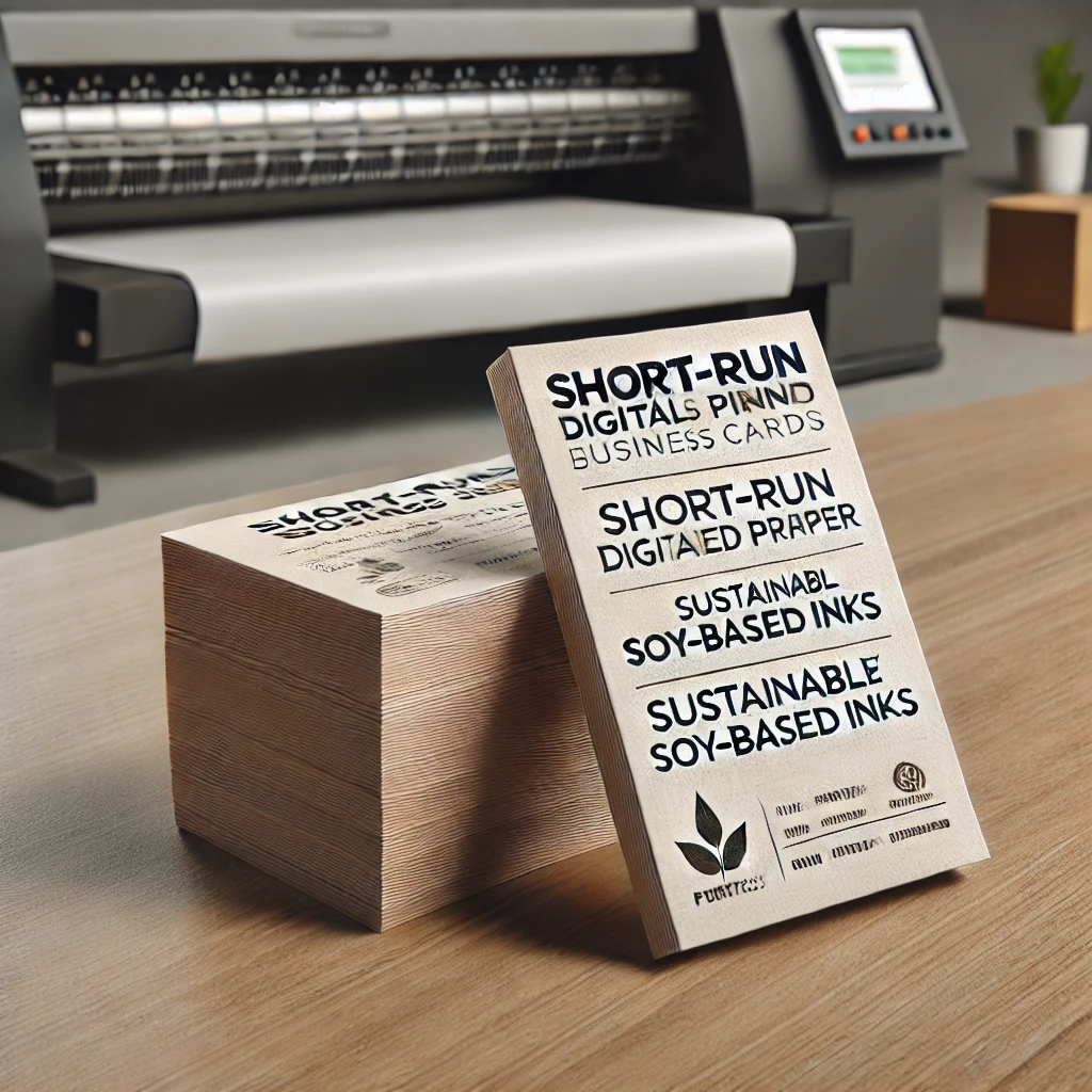 A stack of eco-friendly, short-run printed business cards made with recycled materials and sustainable inks.