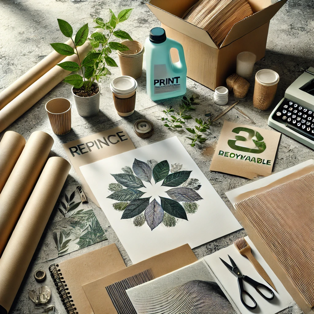 A set of recyclable print materials, including eco-friendly paper, biodegradable packaging, and sustainable ink prints.