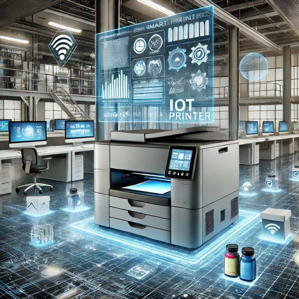 IoT-enabled smart printer with real-time monitoring and predictive maintenance features in a modern printing setup.