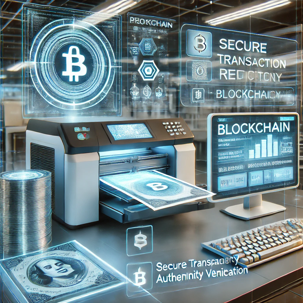 Blockchain-enabled digital printing process ensures authenticity and security in a high-tech printing environment.