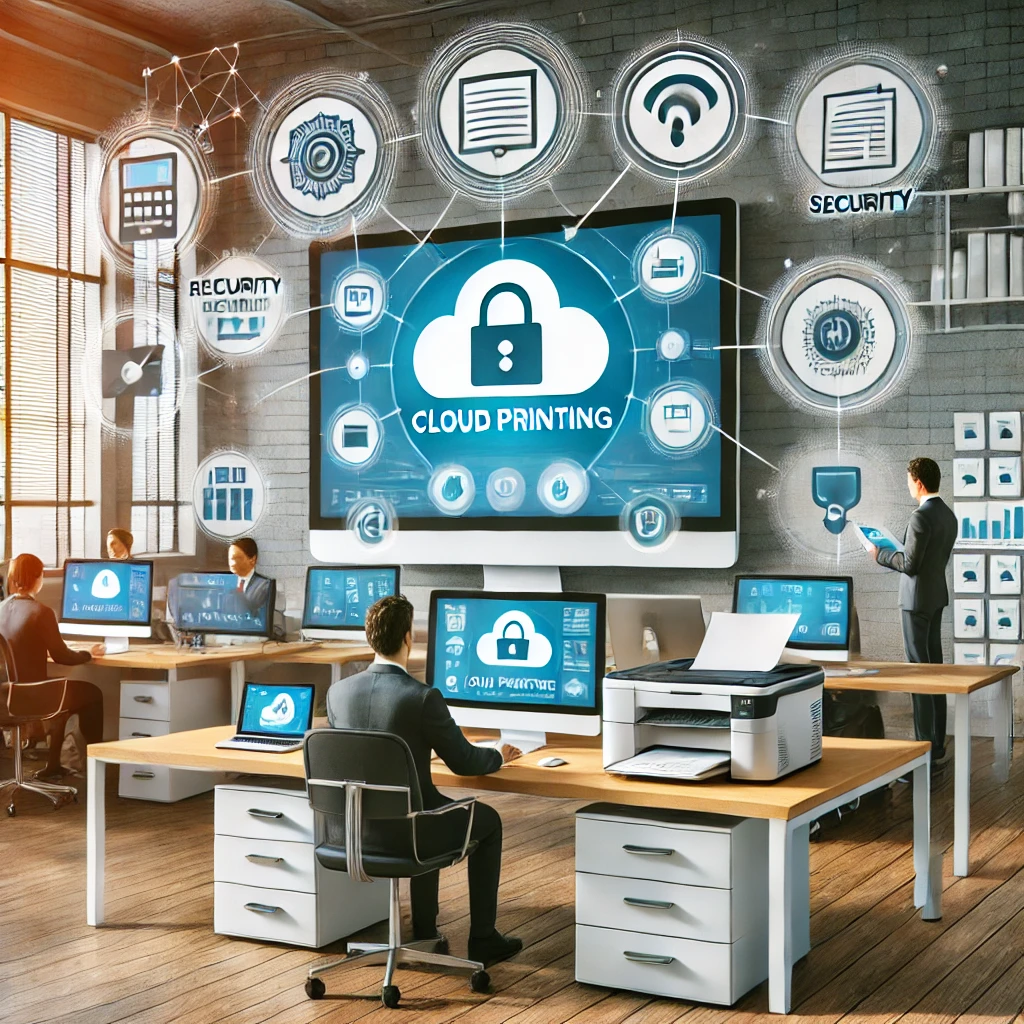 Cloud-based print management system displaying remote access and secure printing controls in a modern office setup.