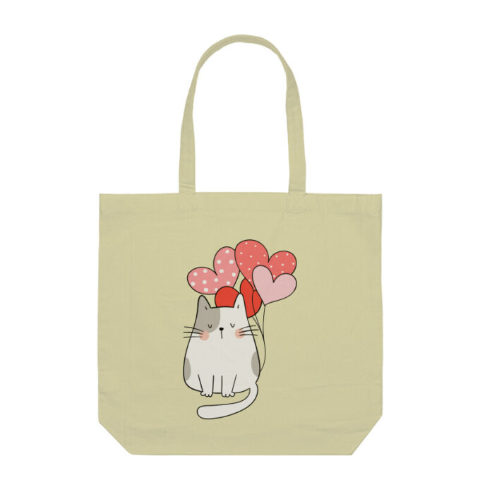 Tote bag featuring a happy cat with love balloons.