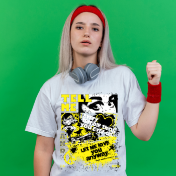 “Tell Me” graphic t-shirt with manga collage and yellow splatter