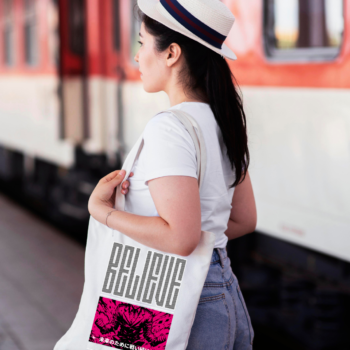 Anime warrior with BELIEVE message in bold typography