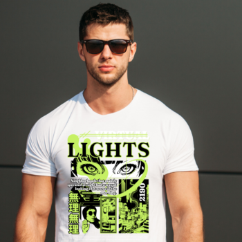 Neon green manga collage of futuristic eyes and cityscape