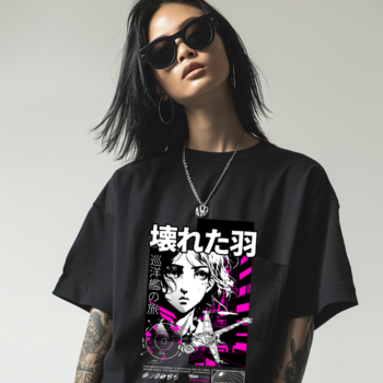 Manga girl with broken wings and cruiser ship graphic