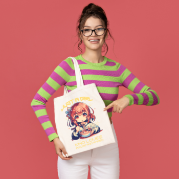 Cute anime girl eating ramen with fun text design