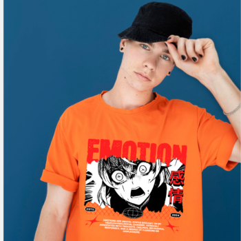 Screaming manga character with red “Emotion” title and kanji