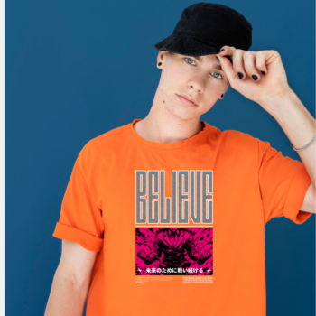 BELIEVE anime manga hero graphic on oversized T-shirt