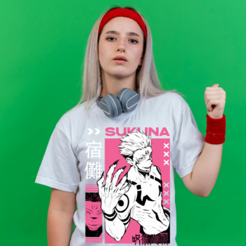 Sukuna manga-style t-shirt with pink background and bold design