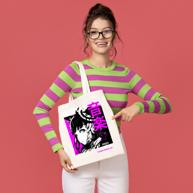 Anime girl with cables, digital headset and magenta symbols