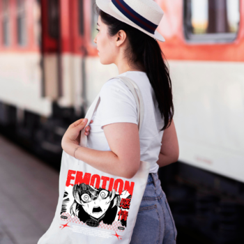 Anime girl in shocked expression, bold red 