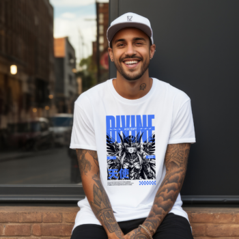 Divine Ascent oversized t-shirt with futuristic cybernetic warrior design