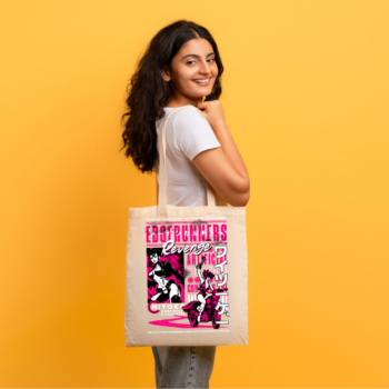 Edgy cyberpunk tote with femme warriors and neon chaos