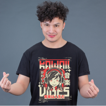 Kawaii Vibes oversized t-shirt featuring smiling anime girl with headphones