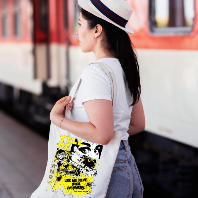 Bold punk tote with manga and graffiti heartbreak design