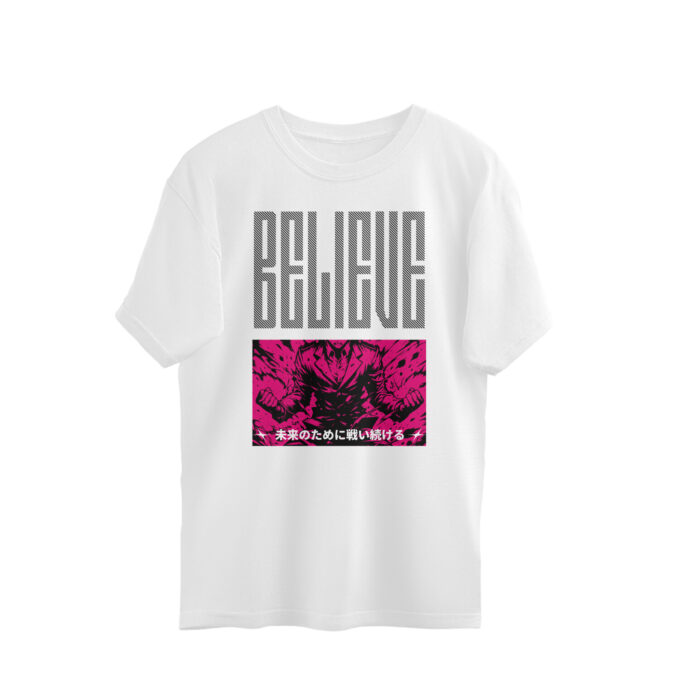 BELIEVE anime manga hero graphic on oversized T-shirt