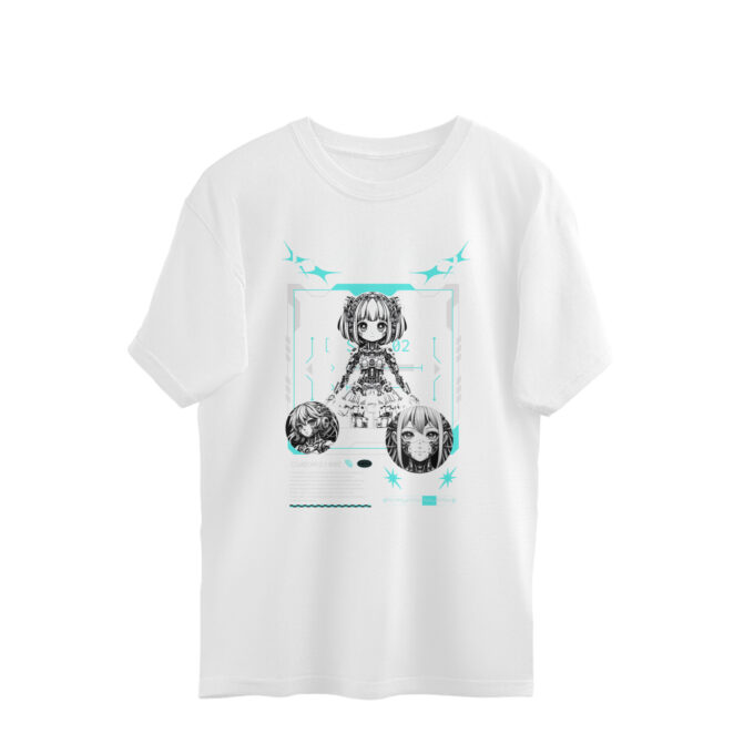 Futuristic cyborg anime girl design on oversized unisex T-shirt