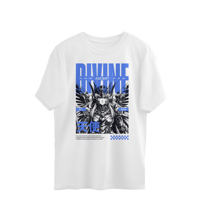 Divine Ascent oversized t-shirt with futuristic cybernetic warrior design