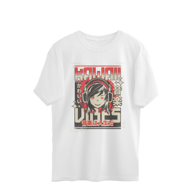 Kawaii Vibes oversized t-shirt featuring smiling anime girl with headphones